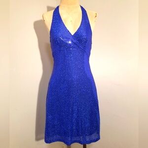 SEXY HALTER DRESS VTG Y2K METALLIC FOIL POLKA DOT 90S HOLIDAY NEW YEARS PROM S